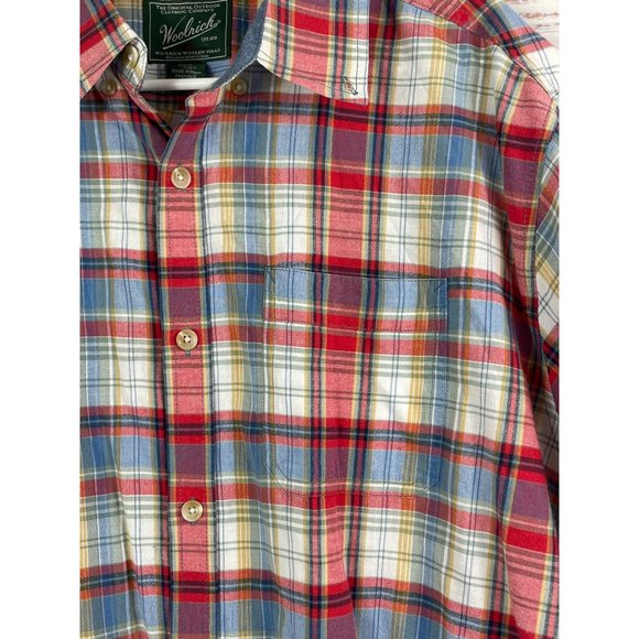Mens WOOLRICH Red Blue Gold Plaid Short Sleeve Button Down Shirt sz XL - Picture 4 of 9